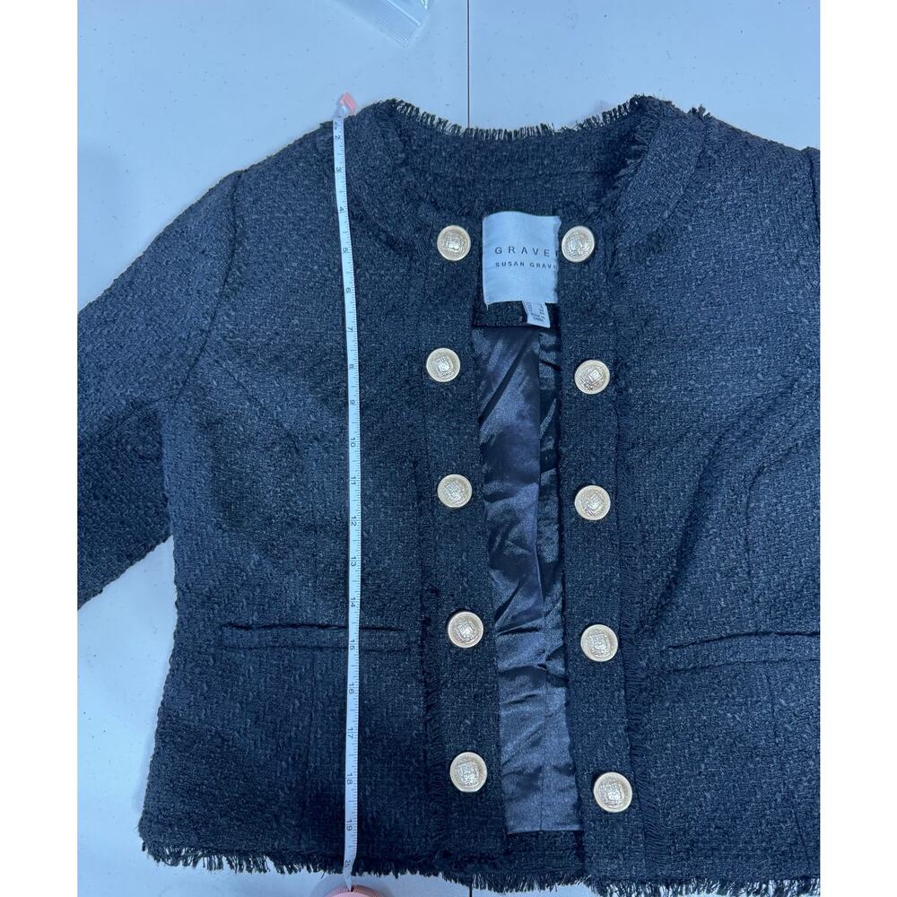 QVC Susan Graver Cropped Tweed Blazer w/ Fringe Detail BLACK NWOT Size 12 - Picture 7 of 8